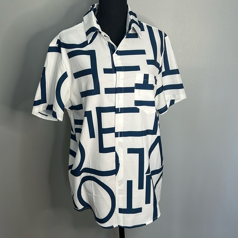 Mens Letter Graphic Casual Button Down Shirt White/Navy Blue